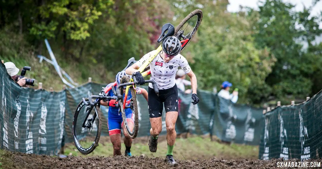 Off the front, Maghalie Rochette and Katerina Nash run up Mt. Krumpit. 2018 Jingle Cross Day 3, Sunday. © J. Corcoran / Cyclocross Magazine