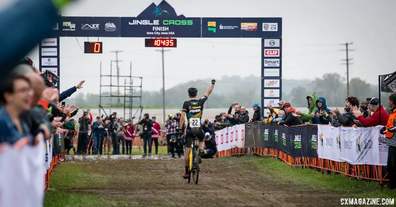 Nicolas Cleppe celebrates his win. 2018 Jingle Cross Day 3, Sunday. © J. Corcoran / Cyclocross Magazine