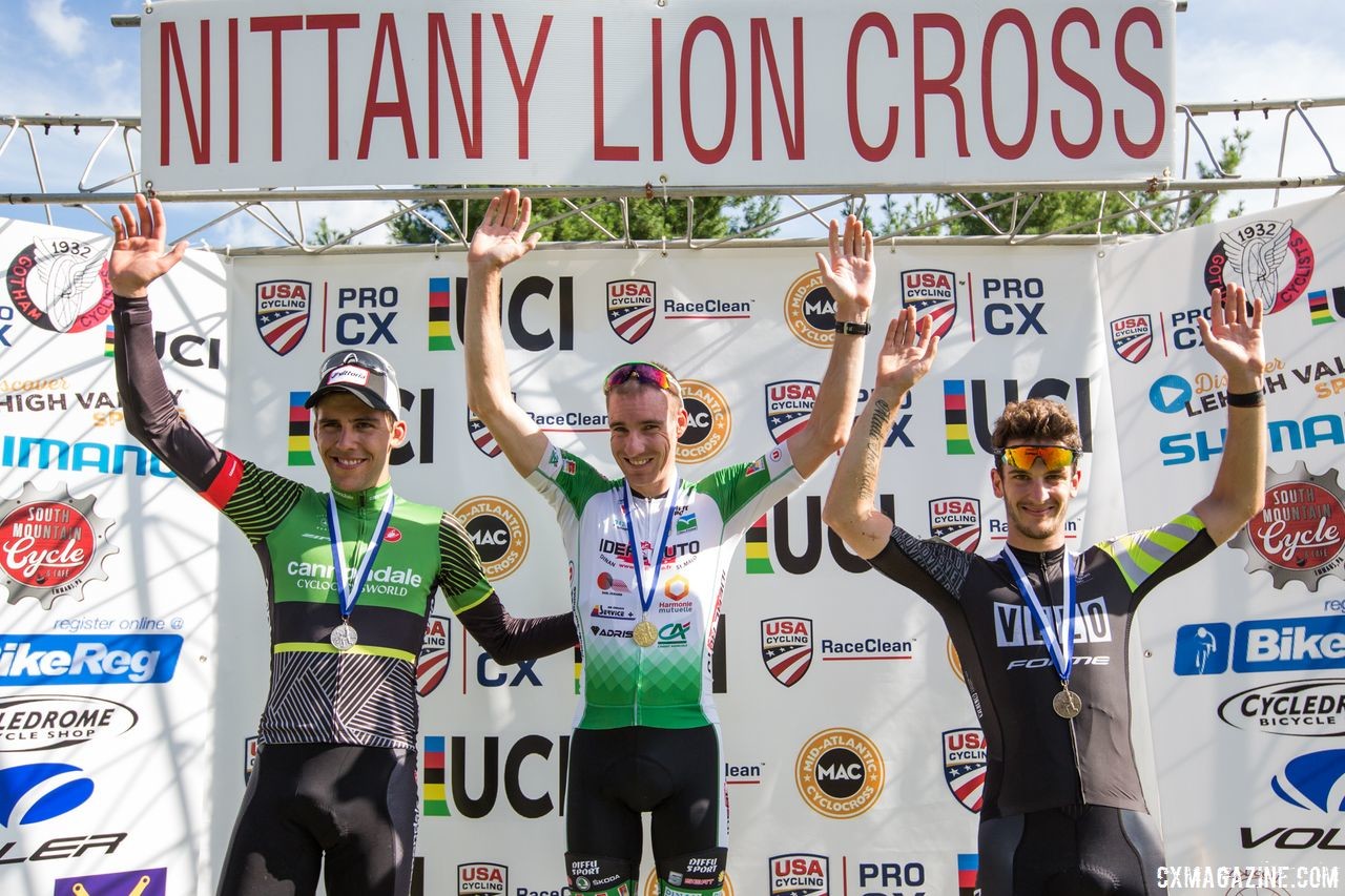 Men's podium: Matthieu Boulo, Curtis White and Yorben Van Tichelt. 2018 Nittany Lion Cross Day 2. © B. Buckley