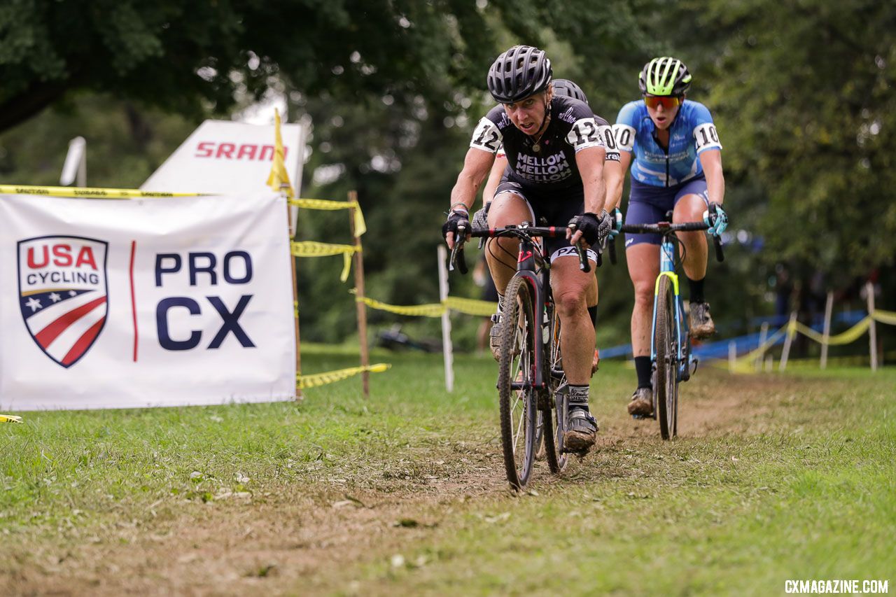 The ageless Van Gilder leads Kemmerer and Zaveta. 2018 Nittany Lion Cyclocross Day 1. © Bruce Buckley