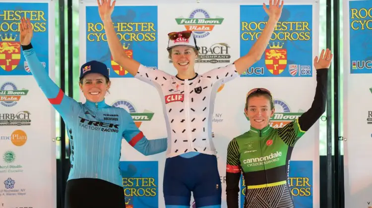 2018 Rochester Cyclocross, UCI C2 Women. L to R: Ellen Noble, Maghalie Rochette, Kaitie Keough.
