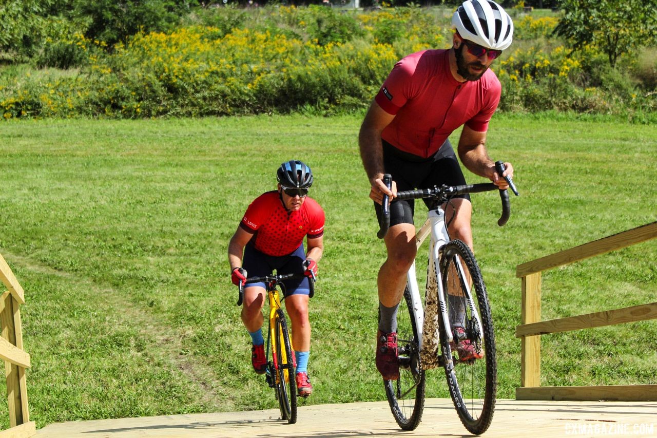 The new flyovers are not as steep as the original barn flyover that stands atop the Trek property ridge. 2018 World Cup Waterloo Course Preview © Z. Schuster / Cyclocross Magazine