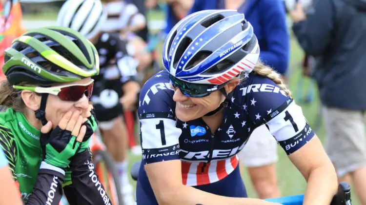 Katie Compton and Kaitie Keough talk before their race. 2018 Trek CX Cup, Waterloo © Cyclocross Magazine / D. Mable