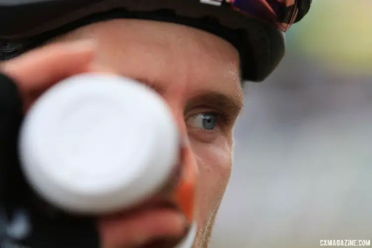Daan Soete gets some refreshment after his second-place finish. 2018 Trek CX Cup, Waterloo © Cyclocross Magazine / D. Mable