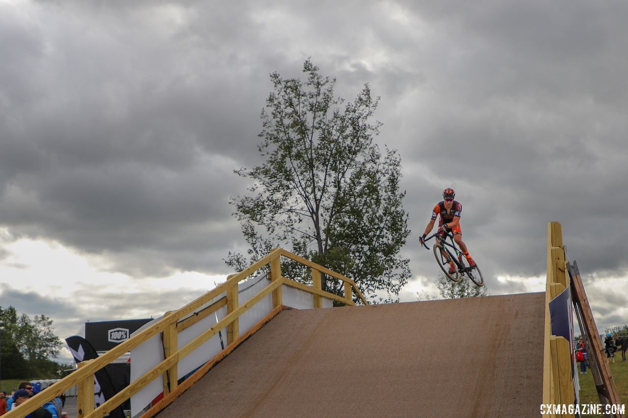 Daan Soete says the new flyover is send-it certified. 2018 Trek CX Cup, Waterloo © Cyclocross Magazine / R. Clark