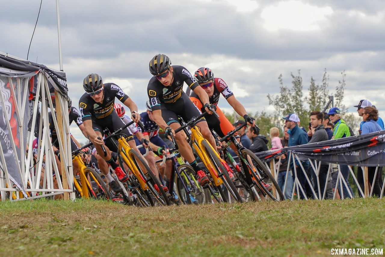 Hermans rounded the first corner after the holeshot. 2018 Trek CX Cup, Waterloo © Cyclocross Magazine / R. Clark