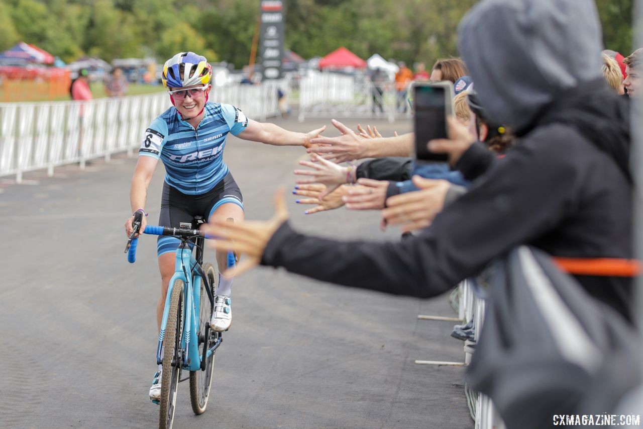 Ellen Noble celebrates her second-place finish at Trek headquarters. 2018 Trek CX Cup, Waterloo © Cyclocross Magazine / R. Clark