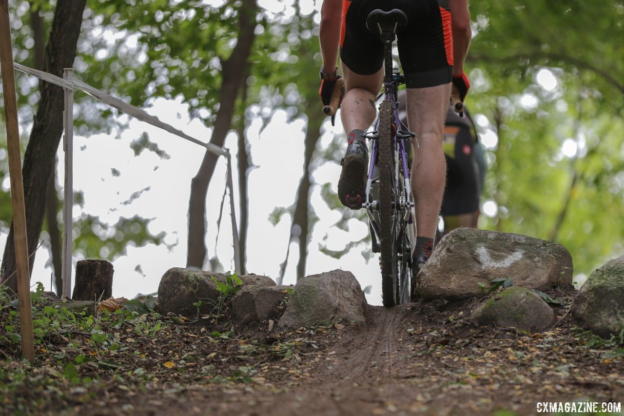 Riders found the fast line through the line of rocks near the Secret Bar. 2018 Trek CX Cup, Waterloo © Cyclocross Magazine / R. Clark