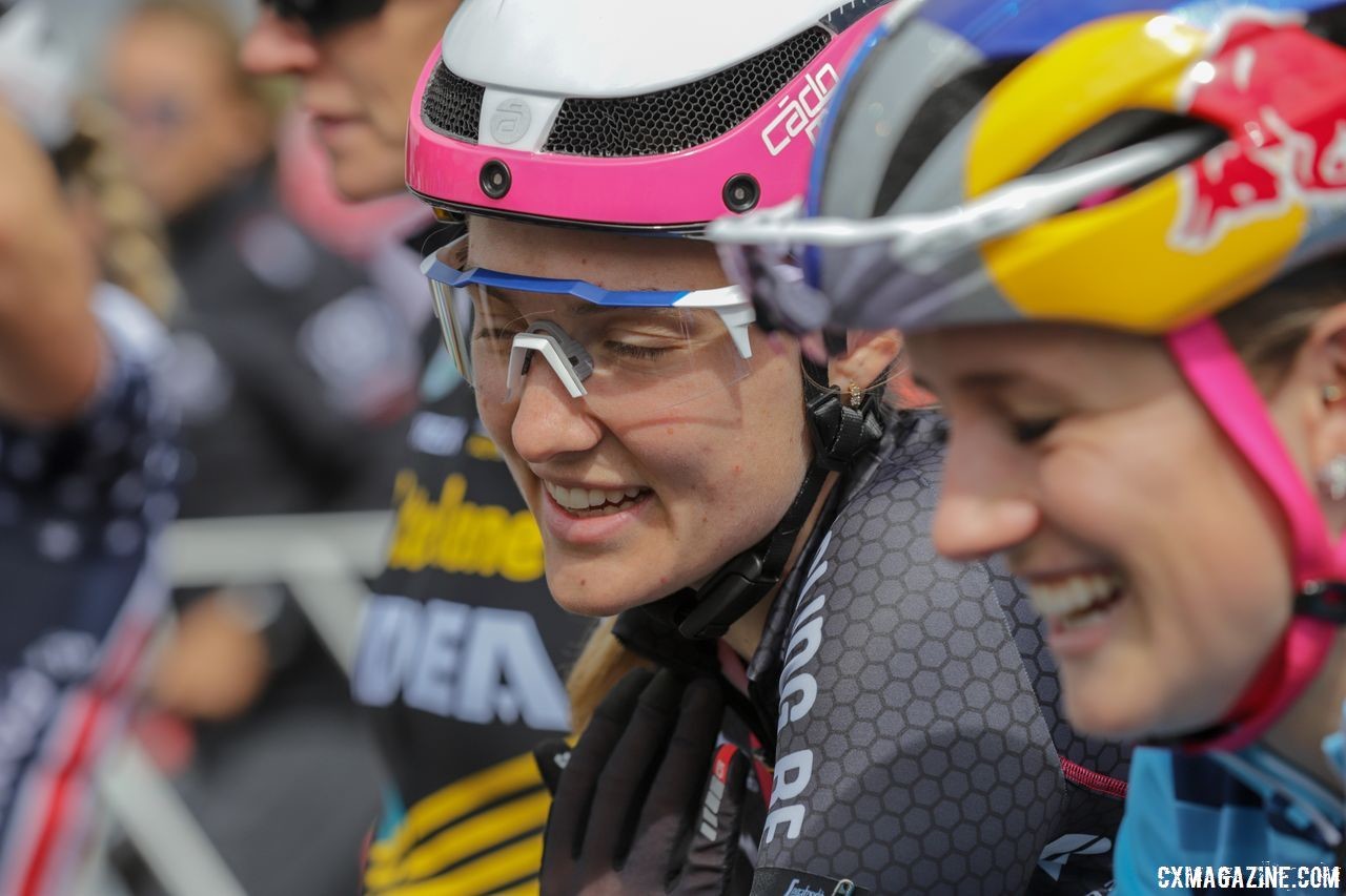 Elle Anderson and Ellen Noble share a laugh at the start line. 2018 Trek CX Cup, Waterloo © Cyclocross Magazine / R. Clark