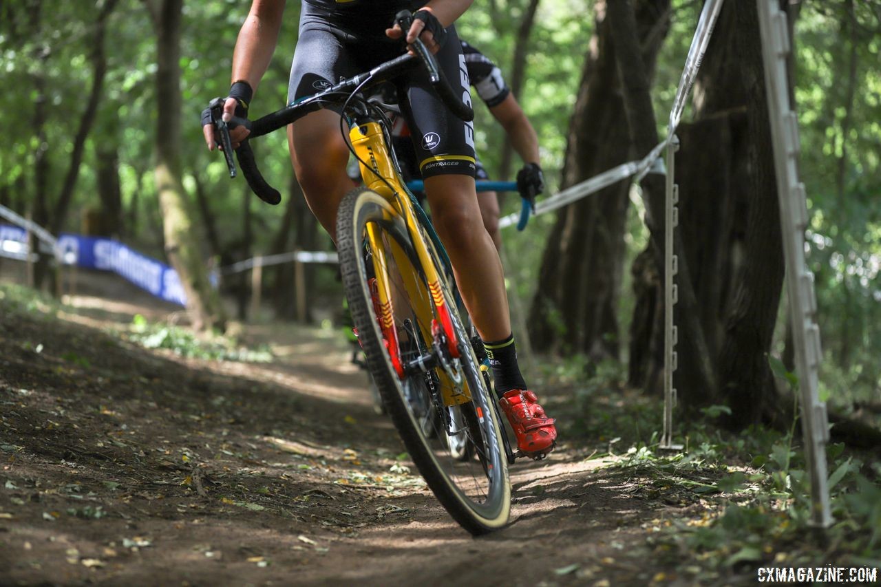 Fleur Nagengast and Katie Compton head through the woods. 2018 Trek CX Cup, Waterloo © Cyclocross Magazine / R. Clark