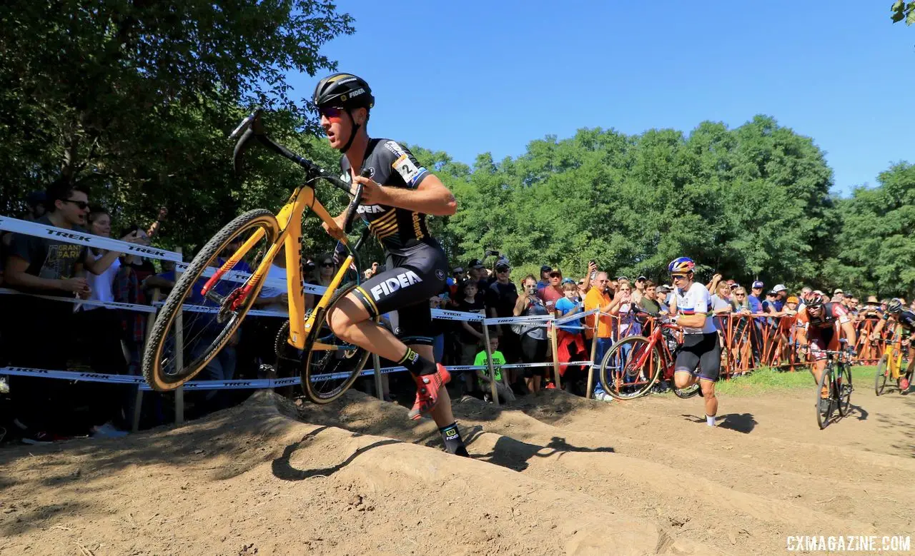 Toon Aerts leads the way up the stairs. 2018 World Cup Waterloo. © D. Mable / Cyclocross Magazine