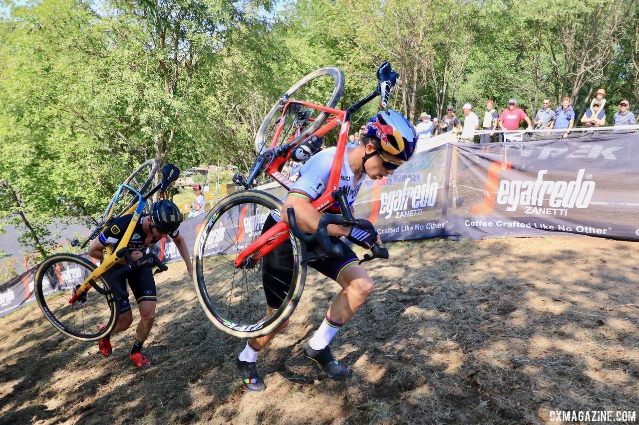 Van Aert and Aerts run up the Segafredo run-up. 2018 World Cup Waterloo. © D. Mable / Cyclocross Magazine