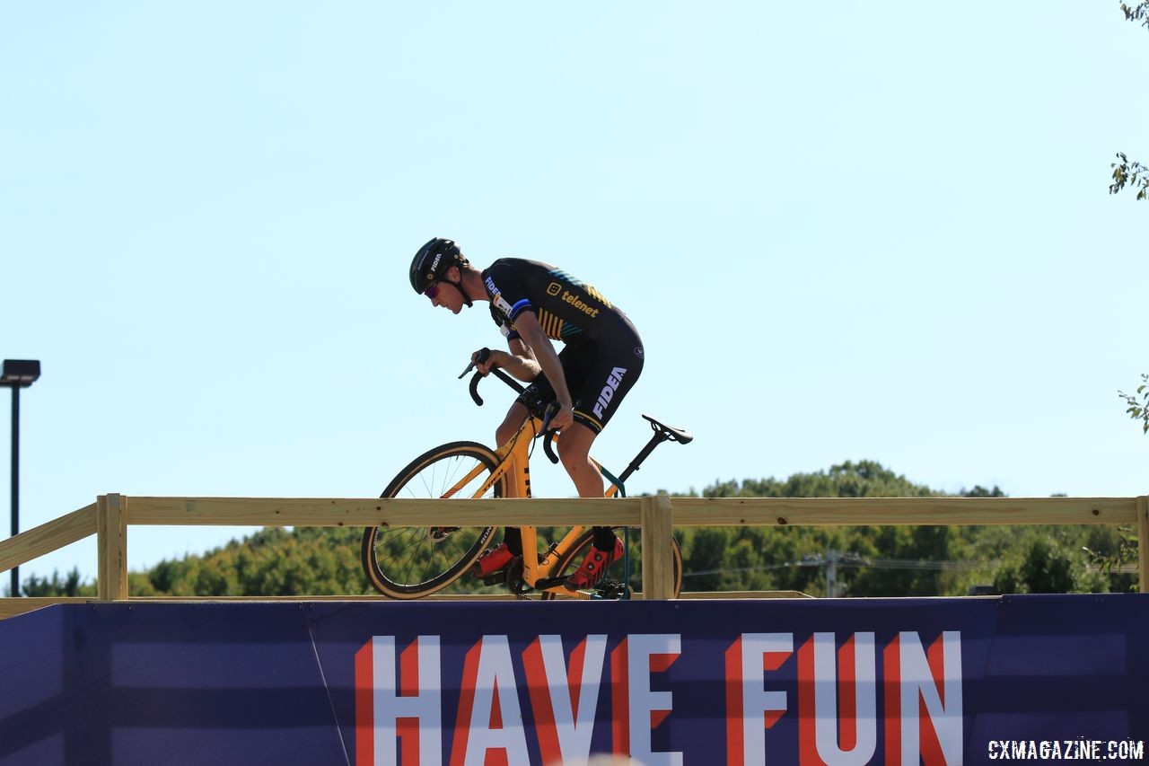 Toon Aerts dropped a tailwhip on the flyover to celebrate his win. 2018 World Cup Waterloo. © D. Mable / Cyclocross Magazine