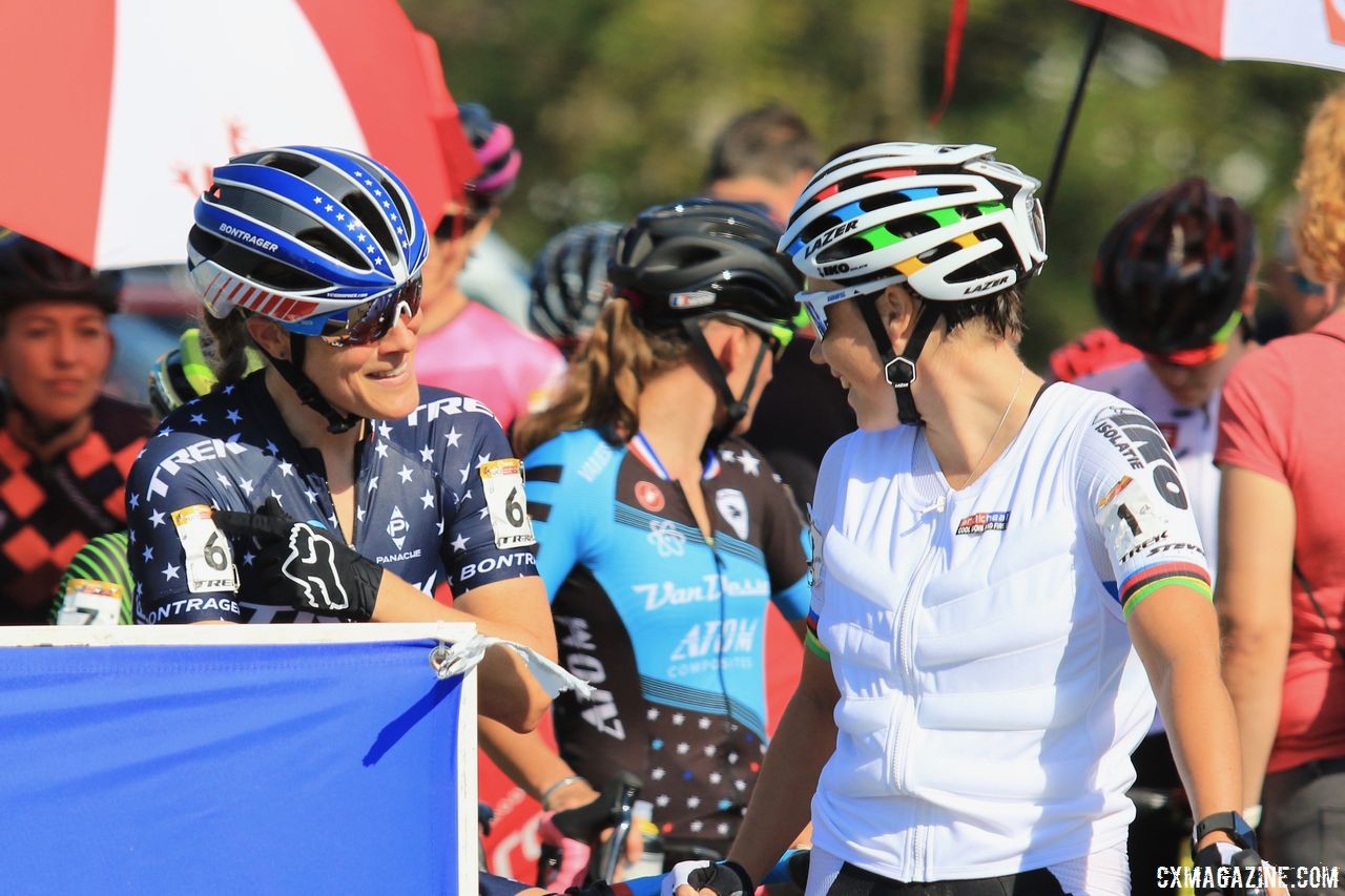 Last year's 1-2 finishers at Worlds chat before the race. 2018 World Cup Waterloo. © D. Mable / Cyclocross Magazine