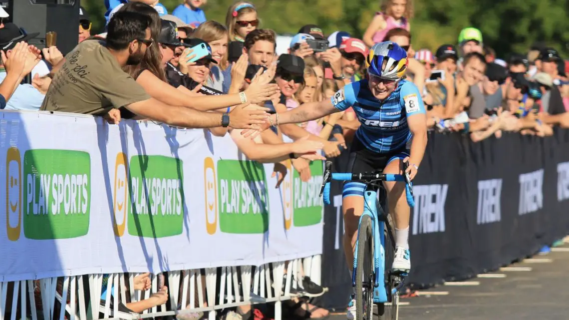 Ellen Noble celebrates with the fans after her silver-medal ride. 2018 World Cup Waterloo. © D. Mable / Cyclocross Magazine