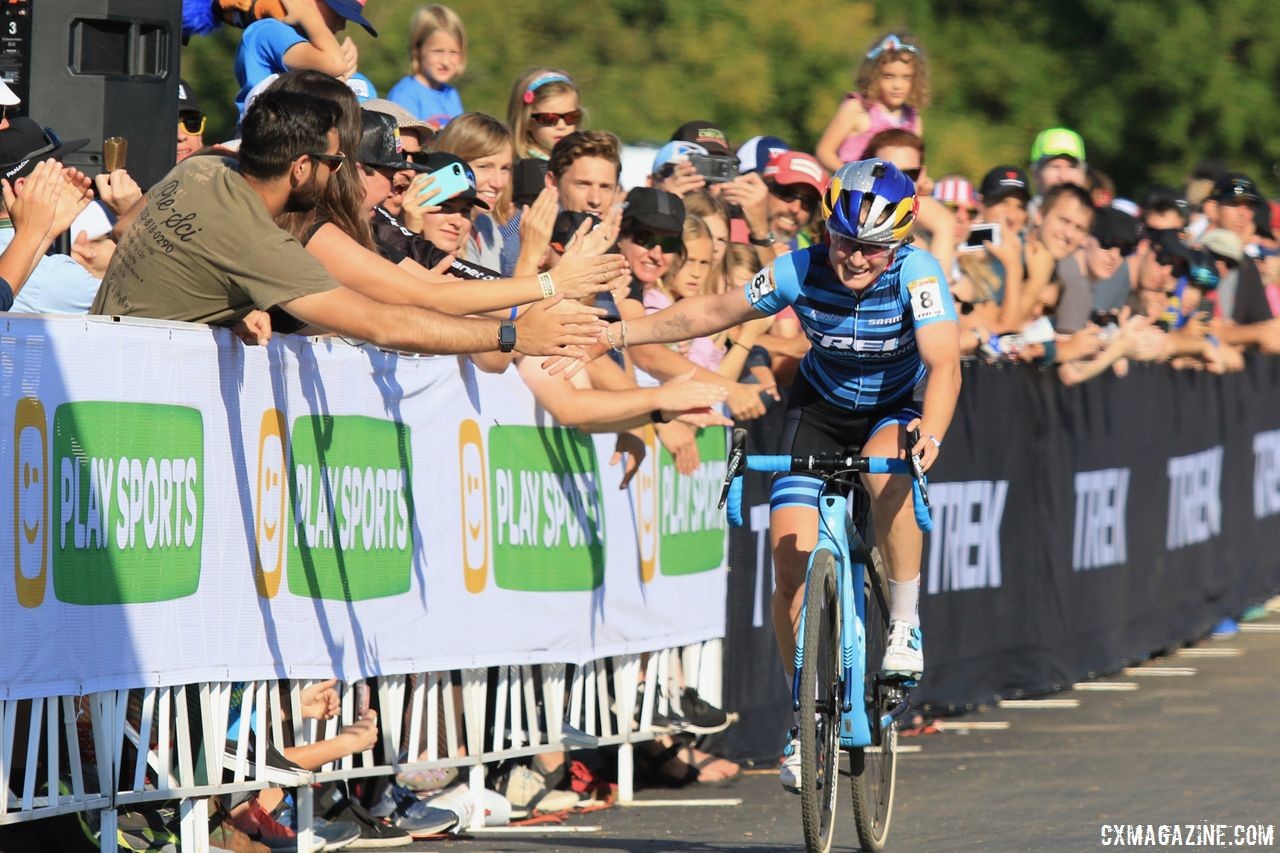 Ellen Noble celebrates with the fans after her silver-medal ride. 2018 World Cup Waterloo. © D. Mable / Cyclocross Magazine