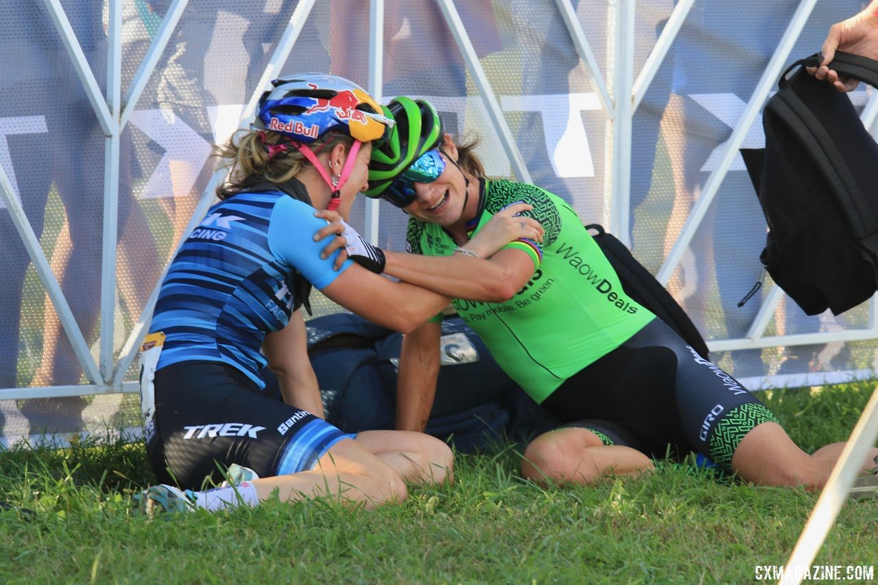 Marianne Vos and Ellen Noble share a moment after their great battle. 2018 World Cup Waterloo. © D. Mable / Cyclocross Magazine