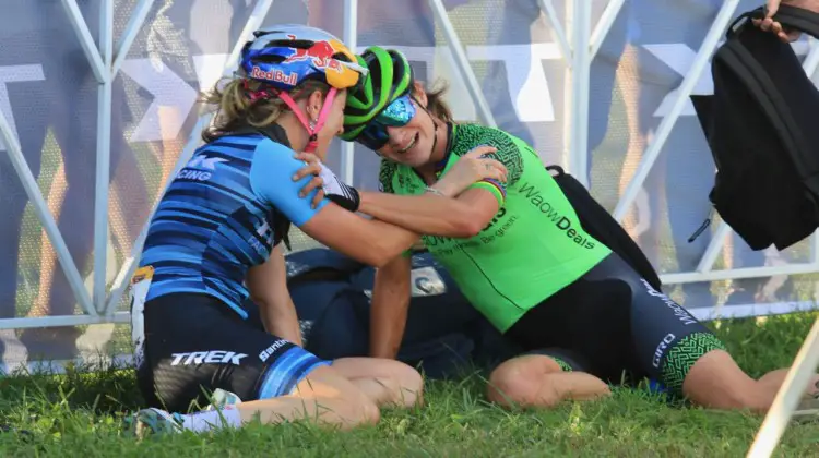 Marianne Vos and Ellen Noble share a moment after their great battle. 2018 World Cup Waterloo. © D. Mable / Cyclocross Magazine