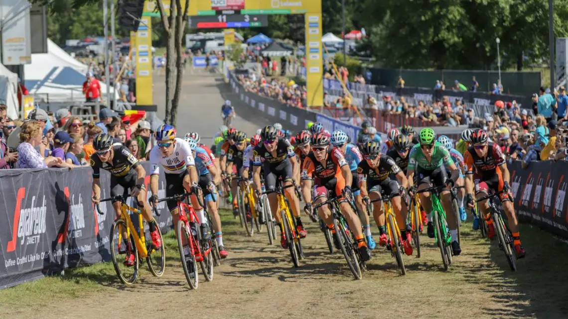 Wout van Aert took the holeshot. 2018 World Cup Waterloo. © R. Clark / Cyclocross Magazine