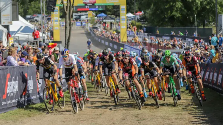 Wout van Aert took the holeshot. 2018 World Cup Waterloo. © R. Clark / Cyclocross Magazine