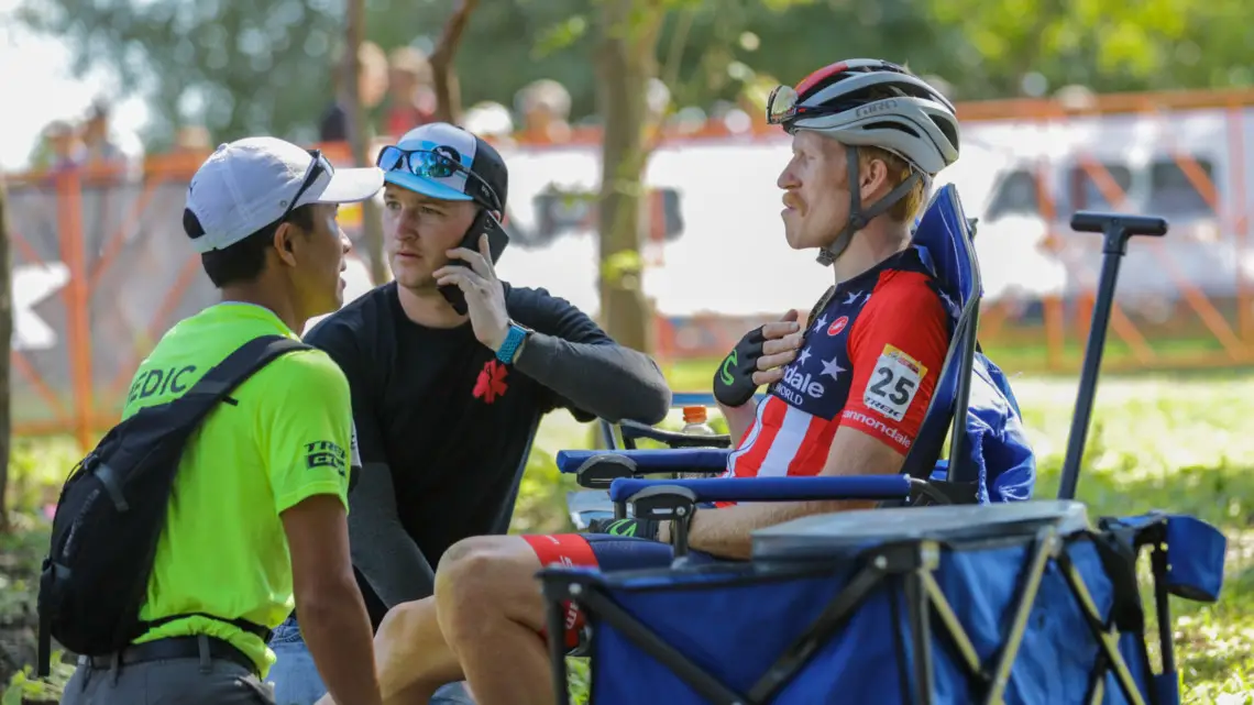 Stephen Hyde received medical attention for his shoulder after crashing early in the race. 2018 World Cup Waterloo. © R. Clark / Cyclocross Magazine