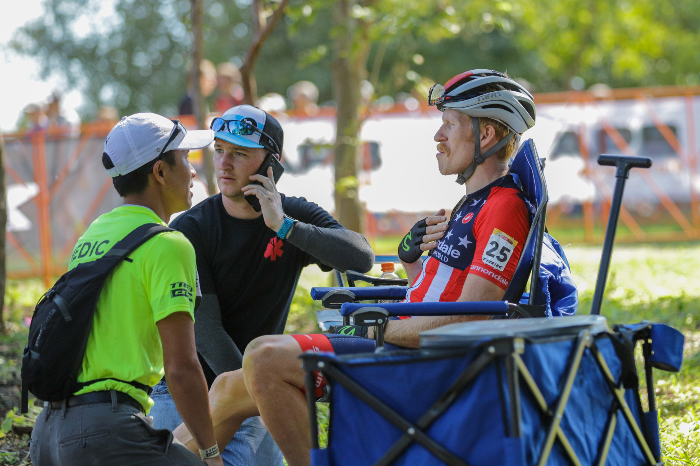 Stephen Hyde received medical attention for his shoulder after crashing early in the race. 2018 World Cup Waterloo. © R. Clark / Cyclocross Magazine