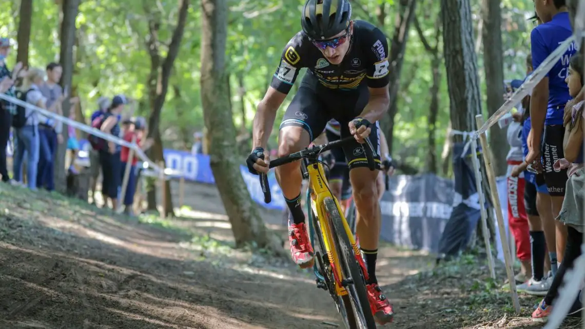 Quinten Hermans was in the lead group until a Daan Soete crash slowed him up. 2018 World Cup Waterloo. © R. Clark / Cyclocross Magazine