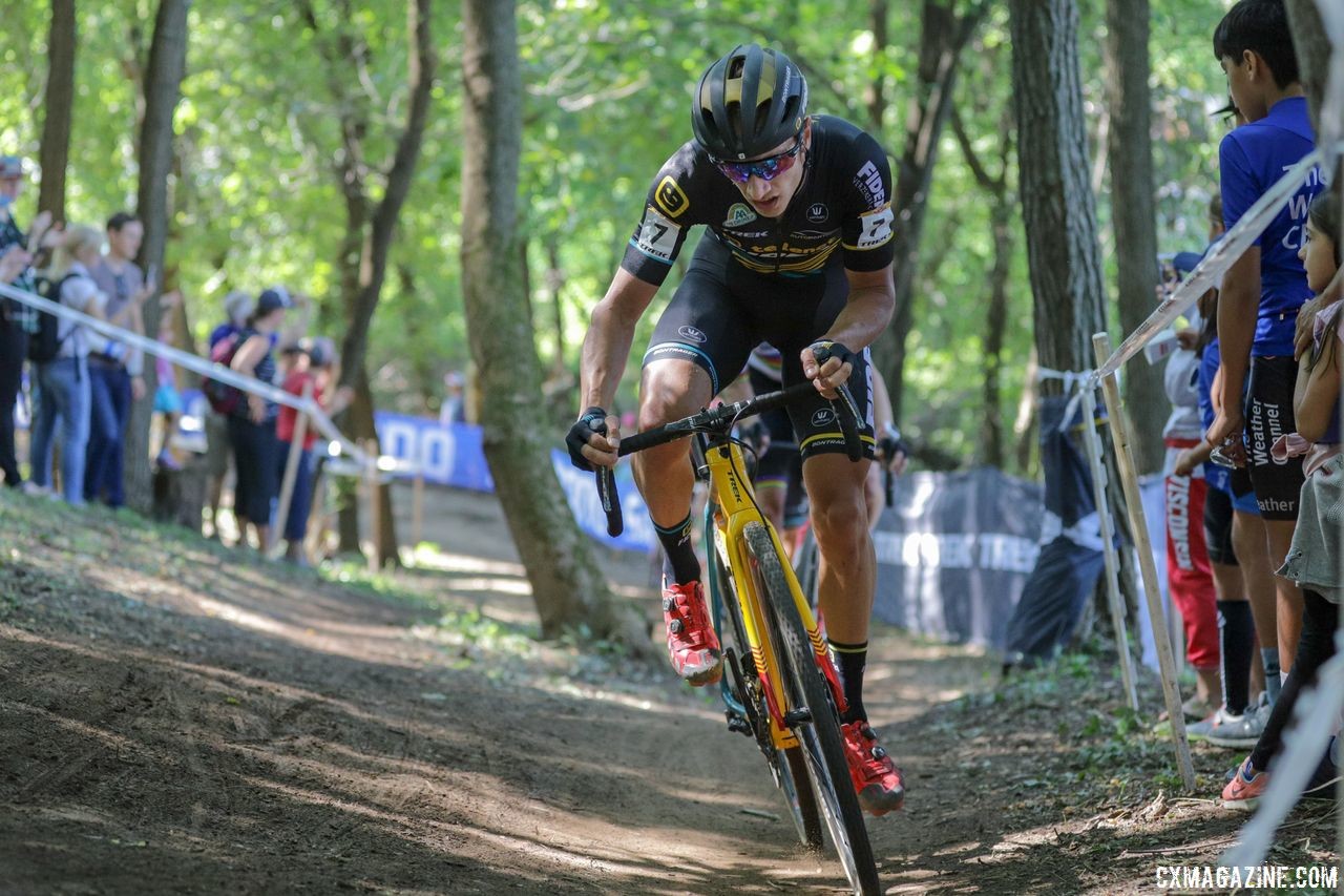 Quinten Hermans was in the lead group until a Daan Soete crash slowed him up. 2018 World Cup Waterloo. © R. Clark / Cyclocross Magazine