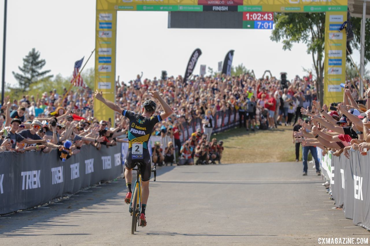 Toon Aerts celebrates his win. 2018 World Cup Waterloo. © R. Clark / Cyclocross Magazine