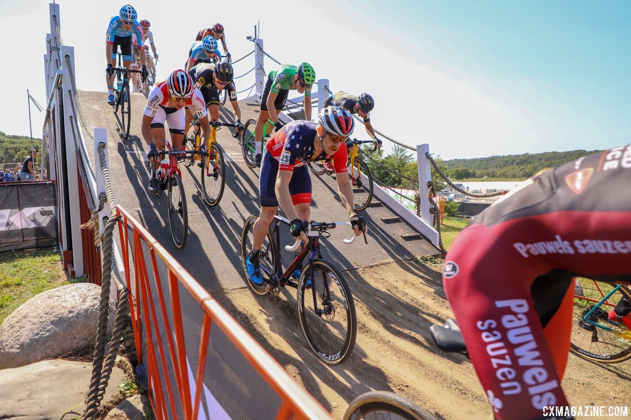 Stephen Hyde got off to a good start, but left the race after Lars van der Haar crashed him out. 2018 World Cup Waterloo. © R. Clark / Cyclocross Magazine