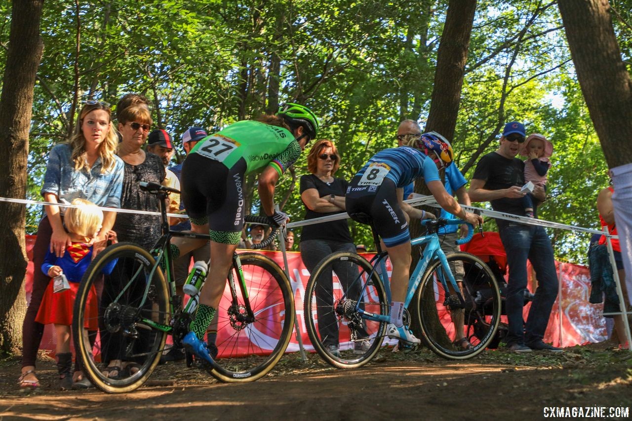 Vos and Noble race through the woods. 2018 World Cup Waterloo. © R. Clark / Cyclocross Magazine