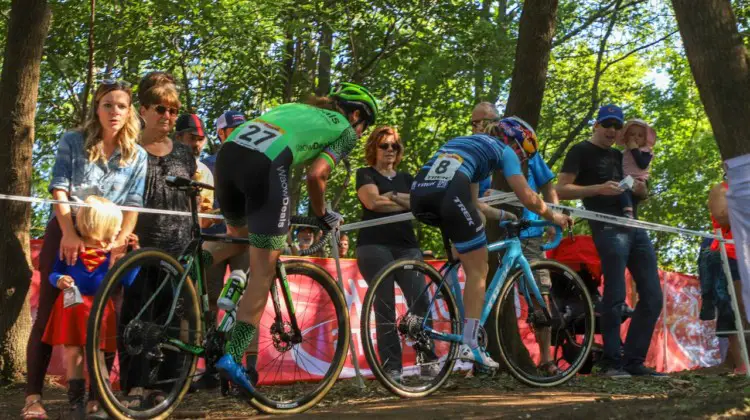 Vos and Noble race through the woods. 2018 World Cup Waterloo. © R. Clark / Cyclocross Magazine