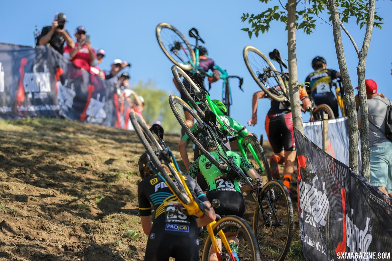 The women head up the steep Segafredo Run-Up. 2018 World Cup Waterloo. © R. Clark / Cyclocross Magazine