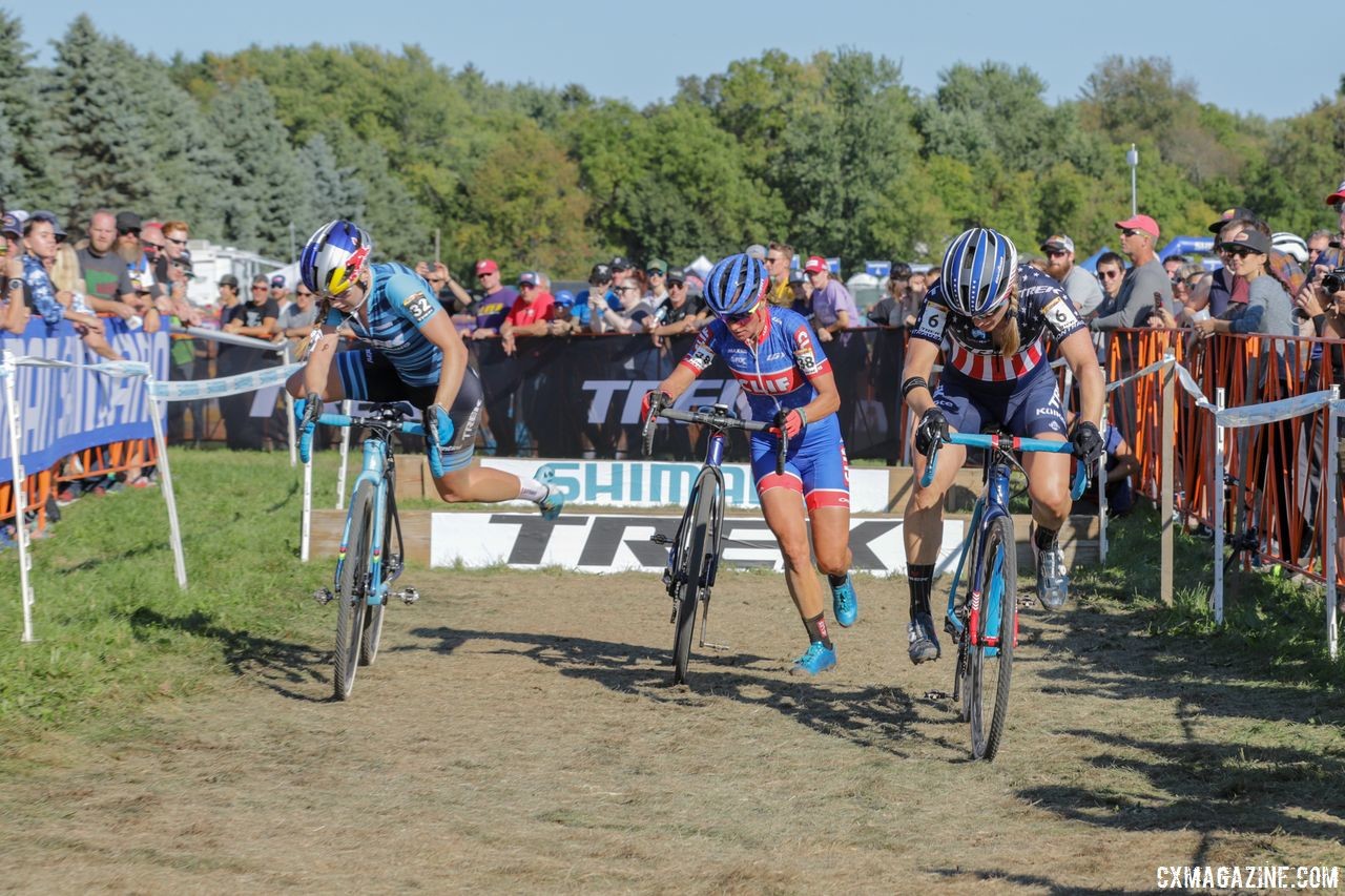 Katie Compton, Katerina Nash and Evie Richards formed a chase midway through the race. 2018 World Cup Waterloo. © R. Clark / Cyclocross Magazine