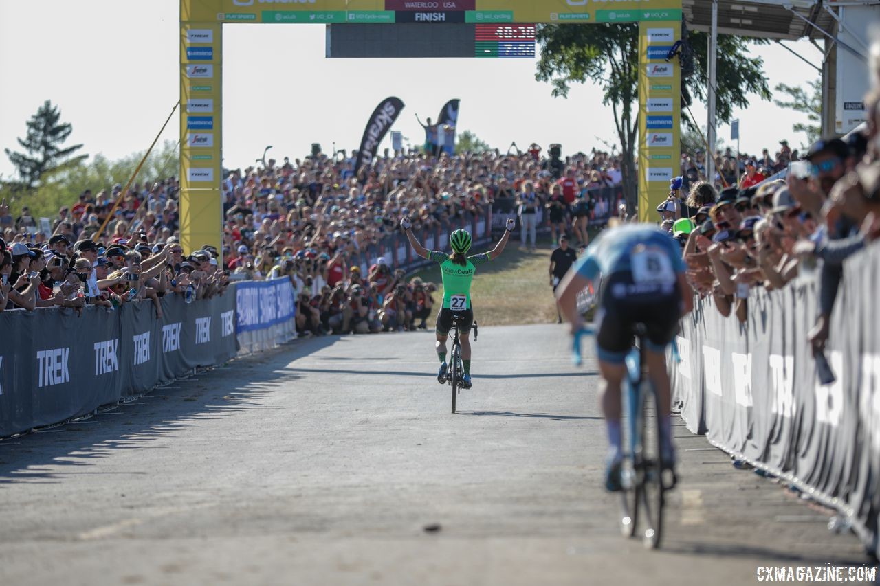 Marianne Vos celebrates her win. 2018 World Cup Waterloo. © R. Clark / Cyclocross Magazine