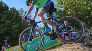 Marianne Vos gets some air over the small hump before Pit 2. 2018 World Cup Waterloo. © R. Clark / Cyclocross Magazine