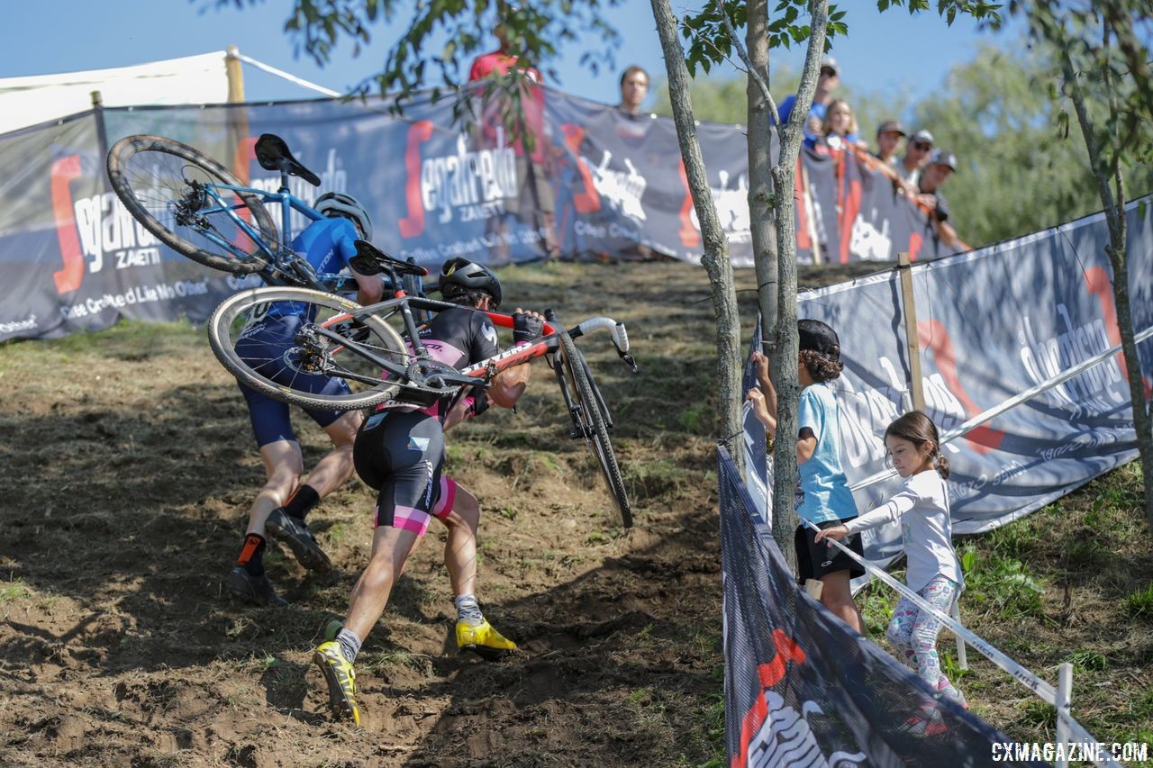 Jack Kisseberth and one of the French riders head up the run-up. 2018 World Cup Waterloo. © R. Clark / Cyclocross Magazine