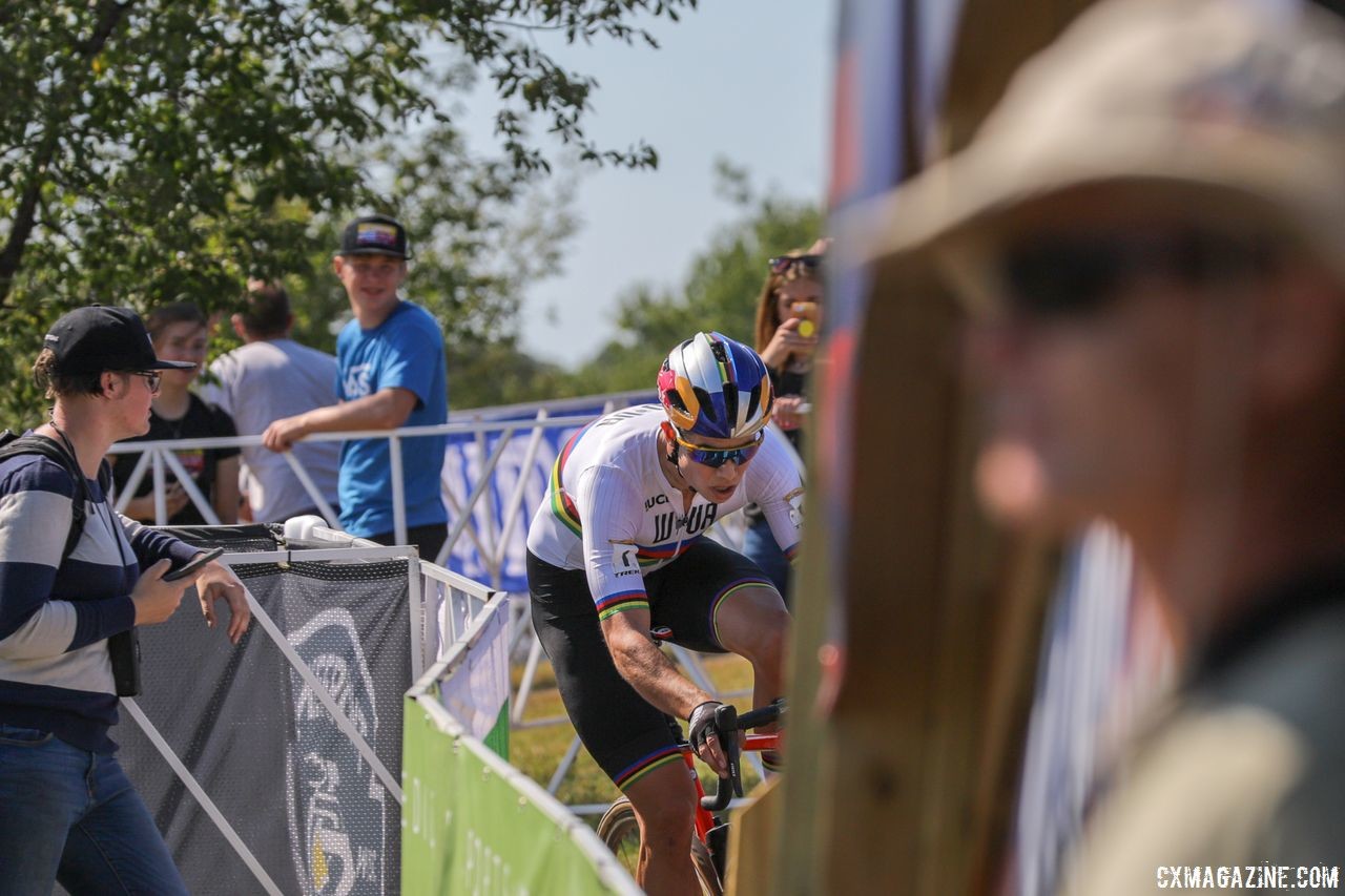 Wout van Aert hits one of the flyovers as fans watch on. 2018 World Cup Waterloo. © R. Clark / Cyclocross Magazine