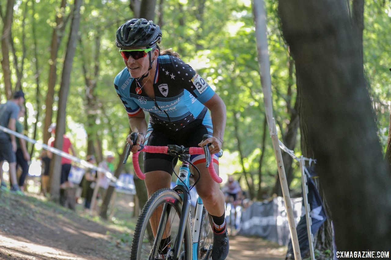 Caroline Mani accelerates through the woods. 2018 World Cup Waterloo. © R. Clark / Cyclocross Magazine