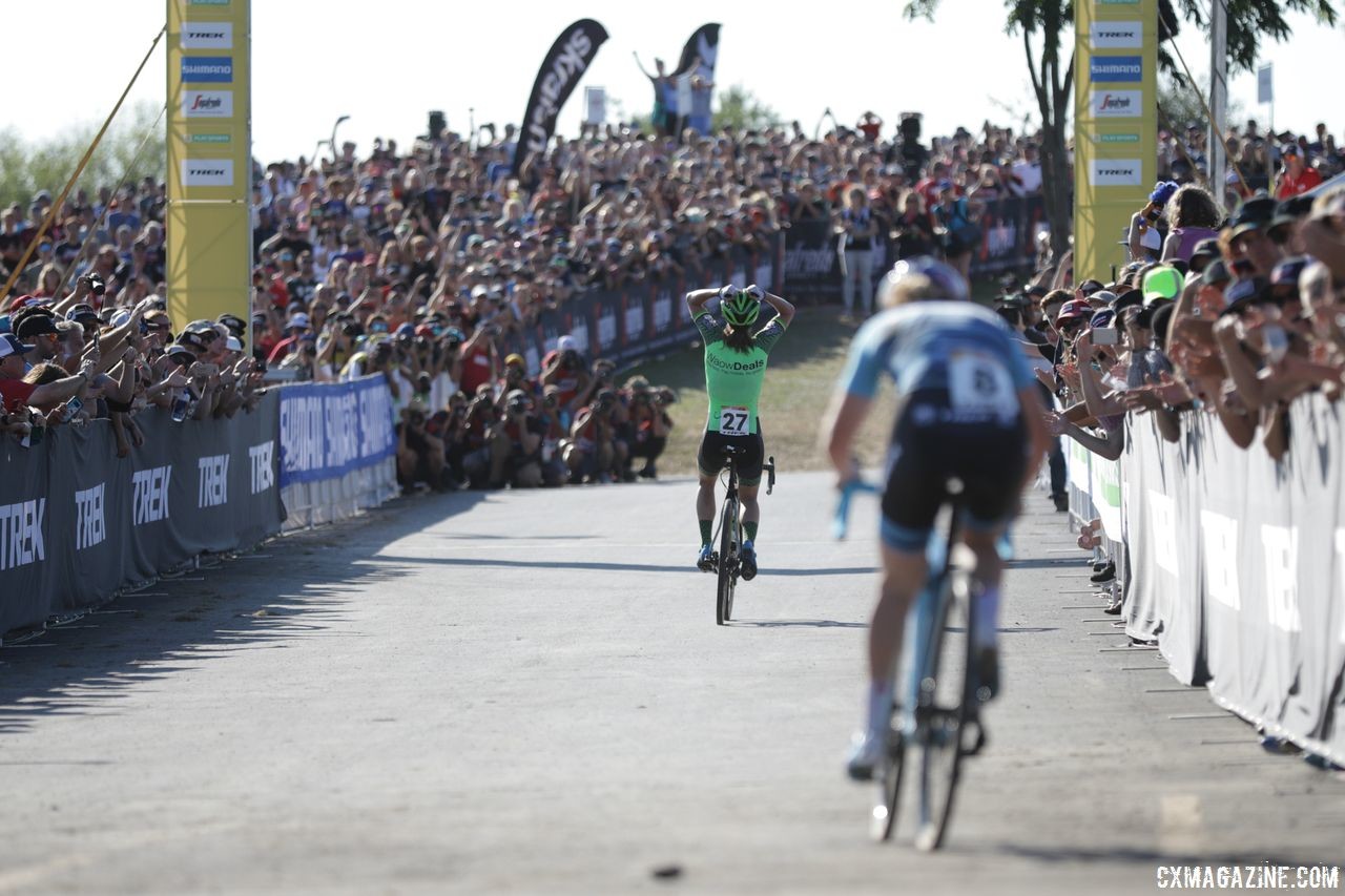 Marianne Vos celebrates her narrow win over Ellen Noble. 2018 World Cup Waterloo. © R. Clark / Cyclocross Magazine