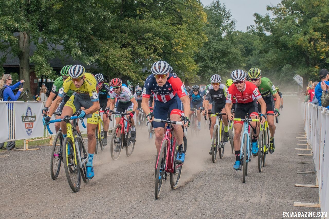 Stephen Hyde and Kerry Werner lead the Men's field out in the first C1 of the season. 2018 Rochester Cyclocross. © Evan Grucela