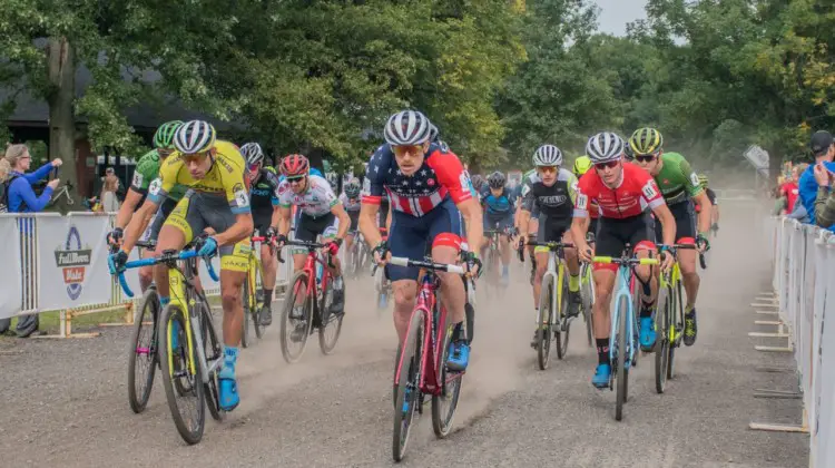 Stephen Hyde and Kerry Werner lead the Men's field out in the first C1 of the season. 2018 Rochester Cyclocross. © Evan Grucela