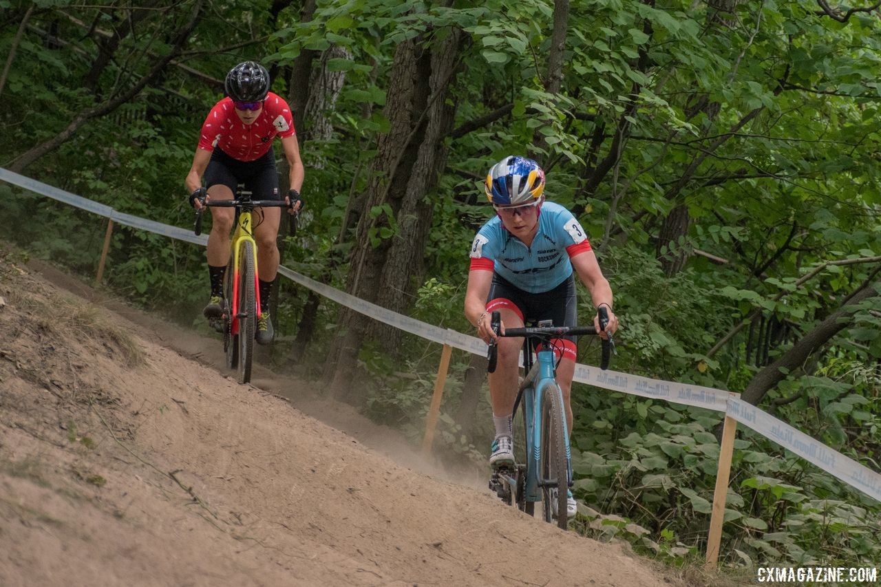 Maghalie Rochette and Ellen Noble battled on Saturday before Rochette escaped to take a win in her first CX Fever race. 2018 Rochester Cyclocross. © Evan Grucela