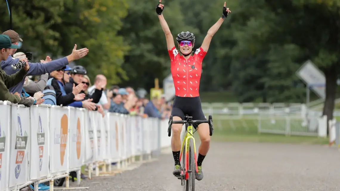 Maghalie Rochette celebrates her win at her first race with her new CX Fever program. 2018 Rochester Cyclocross Day 1. © Bruce Buckley