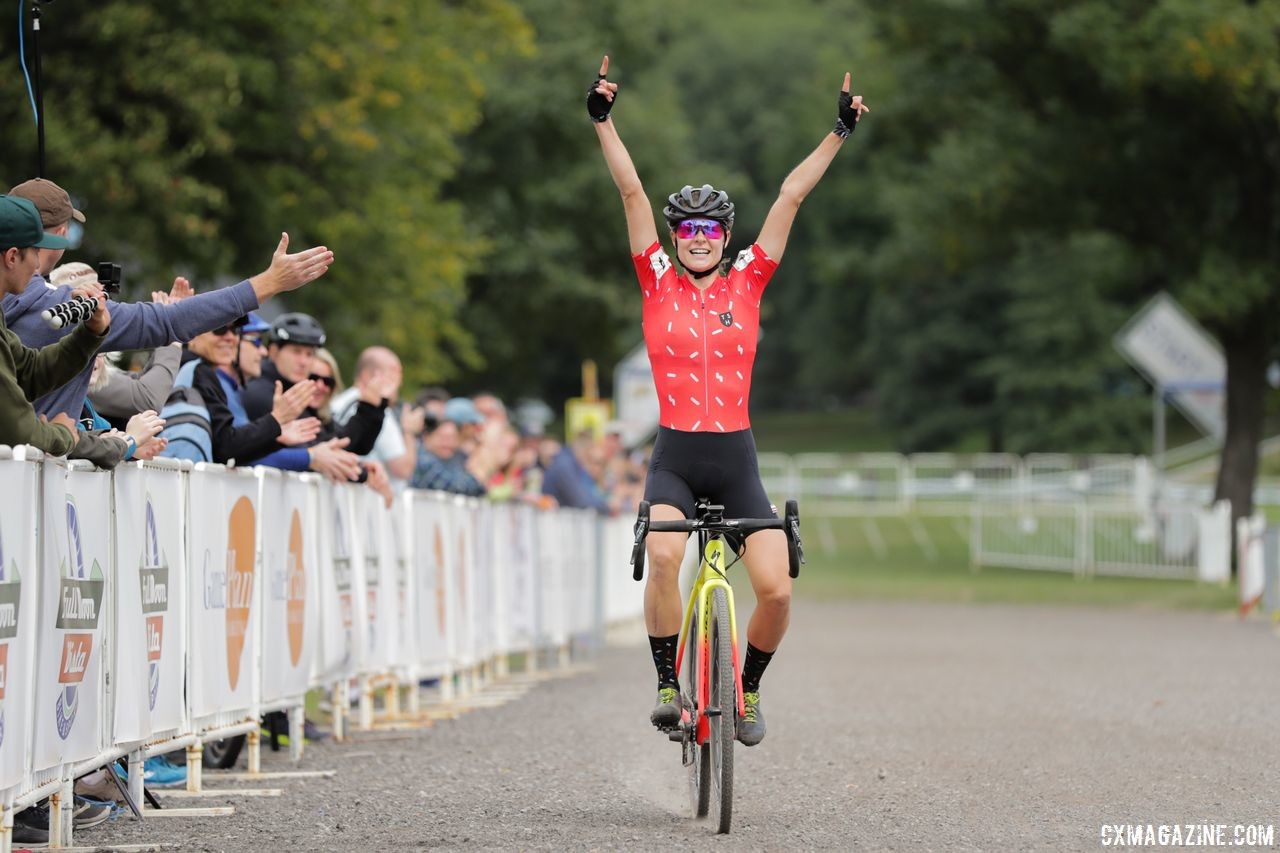 Maghalie Rochette celebrates her win at her first race with her new CX Fever program. 2018 Rochester Cyclocross Day 1. © Bruce Buckley