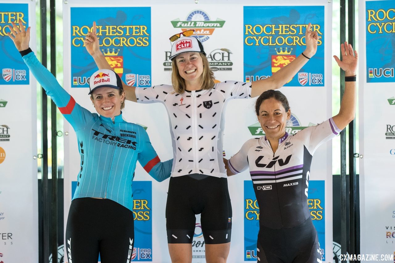 Women's podium: Maghalie Rochette, Ellen Noble and Crystal Anthony. 2018 Rochester Cyclocross Day 1. © Bruce Buckley