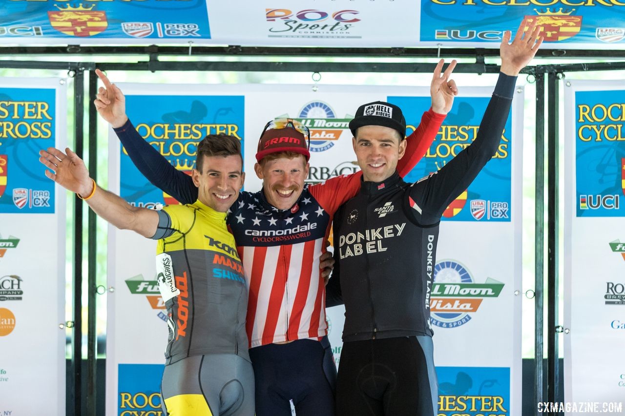 Men's podium: Stephen Hyde, Kerry Werner and Tobin Ortenblad. 2018 Rochester Cyclocross Day 1. © Bruce Buckley