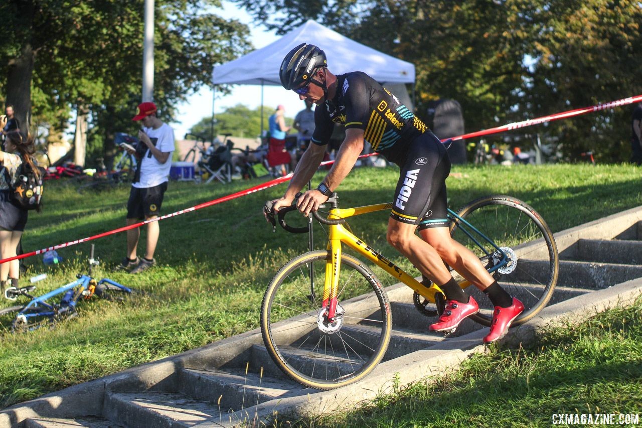 This year, Sven Nys tried to coast down the concrete, not go up. 2018 Sven-Nado Clinic, Chicago. © Cyclocross Magazine / Z. Schuster