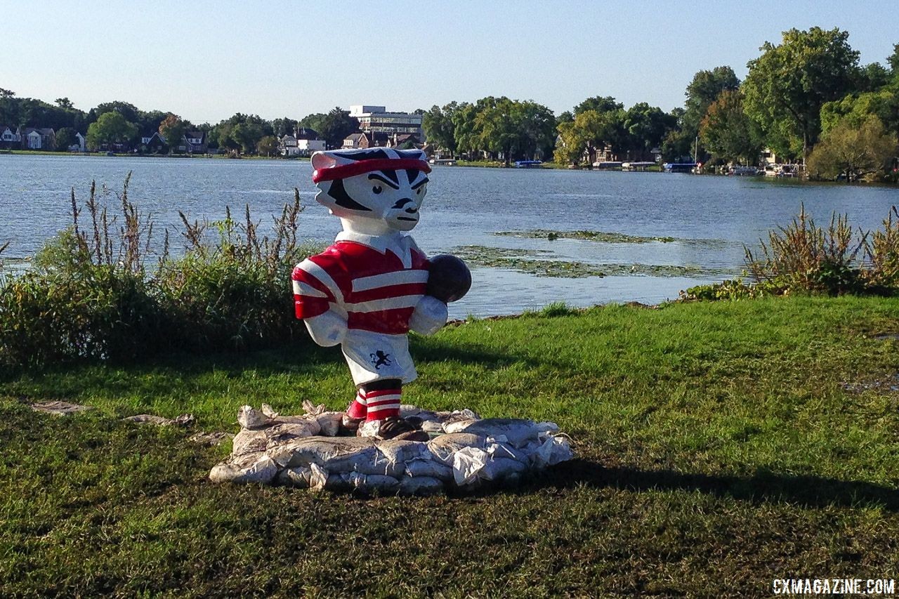 The flooding in Madison is so bad, even Bucky Badger had to be sandbagged. 2018 World Cup Waterloo Course Preview © Z. Schuster / Cyclocross Magazine