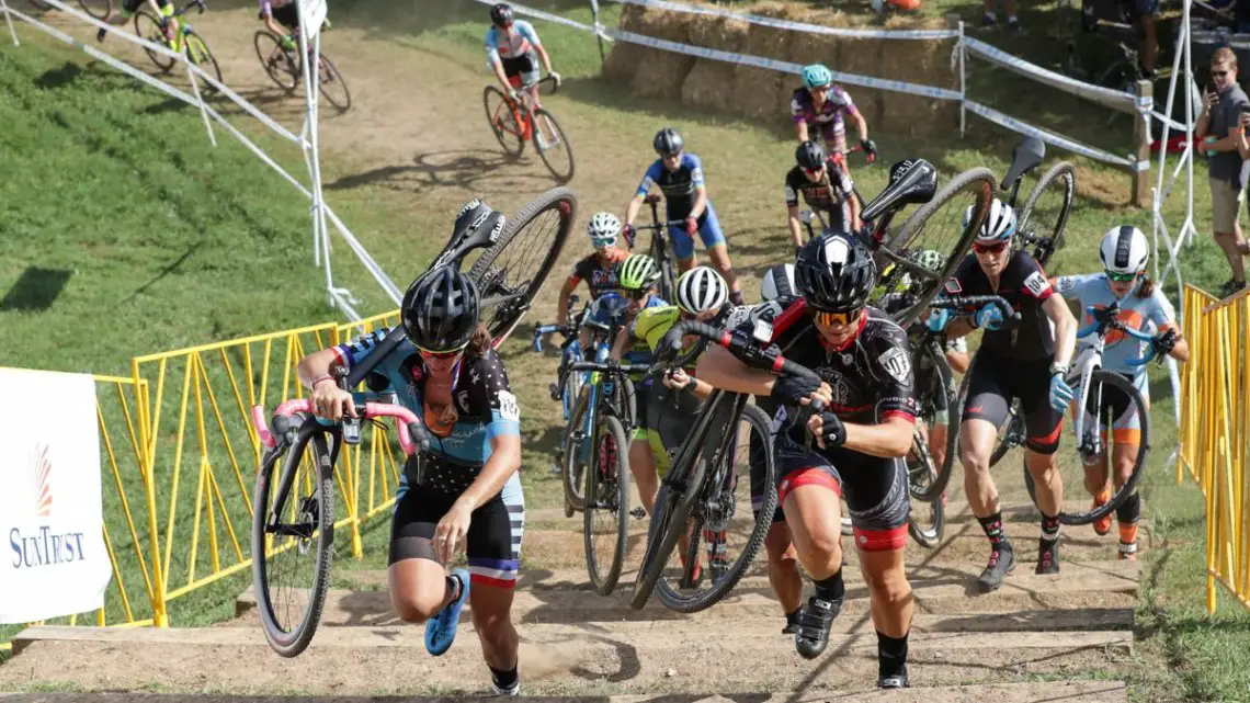 The women sprint up the stairs on the hot afternoon. 2018 GO Cross Day 2. © Bruce Buckley